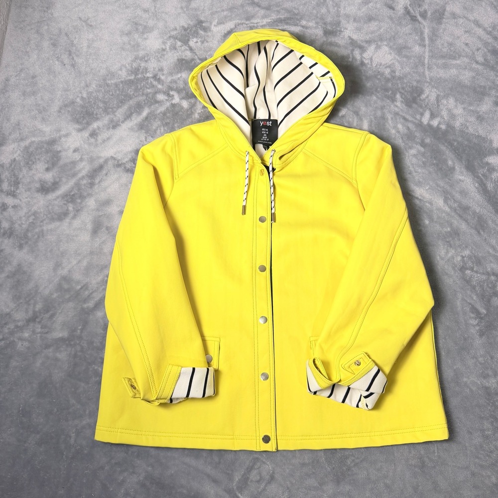 Yest Womens 12 Yellow Hooded Raincoat Striped Lining Snap Front Jacket Dutch